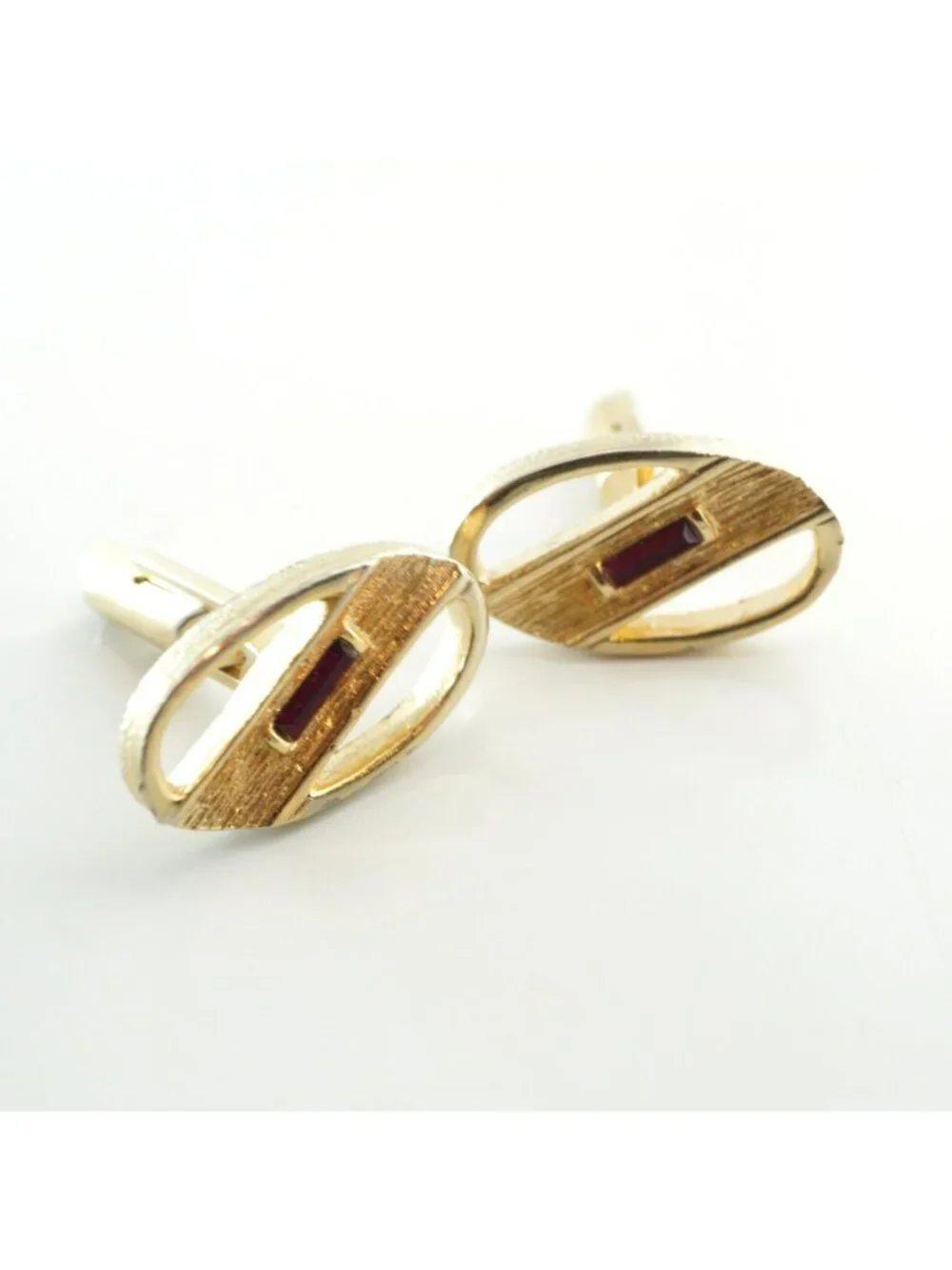 Vintage Swank Gold-Tone Oval Cufflinks With Red Rhinestone